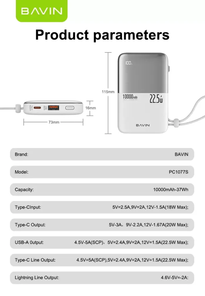 پاوربانک 10000 باوین 22.5وات Bavin PC1077S (اورجینال ارسال فوری) فروشگاه اینترنتی زیکتز