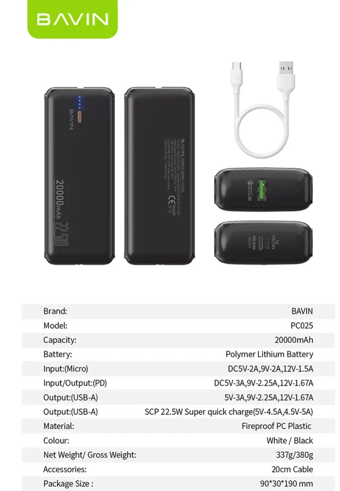 پاوربانک 20000 باوین 22.5وات Bavin PC025 Power Bank (اورجینال ارسال فوری) فروشگاه اینترنتی زیکتز